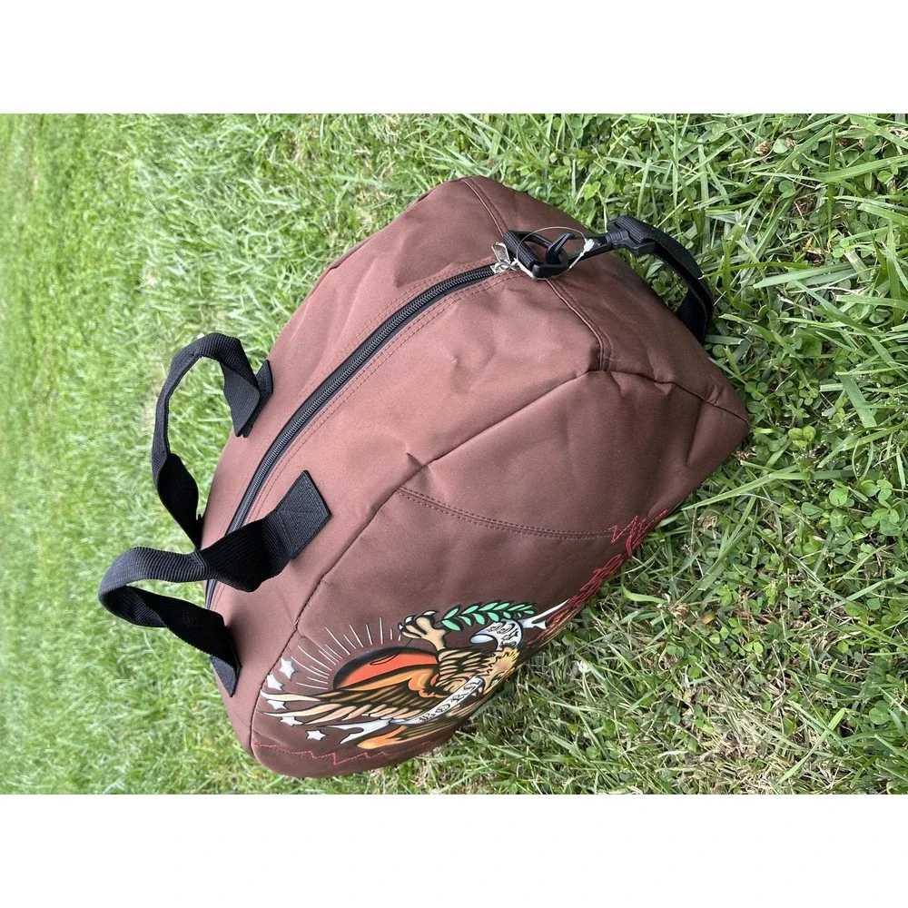 Ed Hardy Born Free Eagle Duffel Gym Bag Brown Tattoo‎ Art Weekender Travel Strap